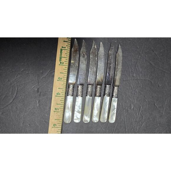 Mother of Pearl Fruit Knives Set of 6 Sterling Ferrule India Stainless Blades - Picture 8 of 10